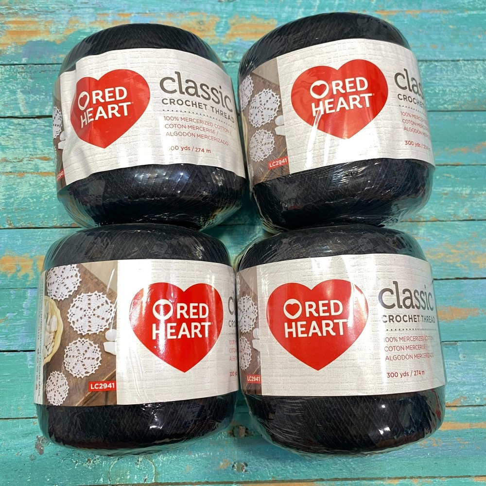 Red Heart Classic Crochet Thread Sz 10 Black 300 Yds Mercerized Cotton Lot of 4